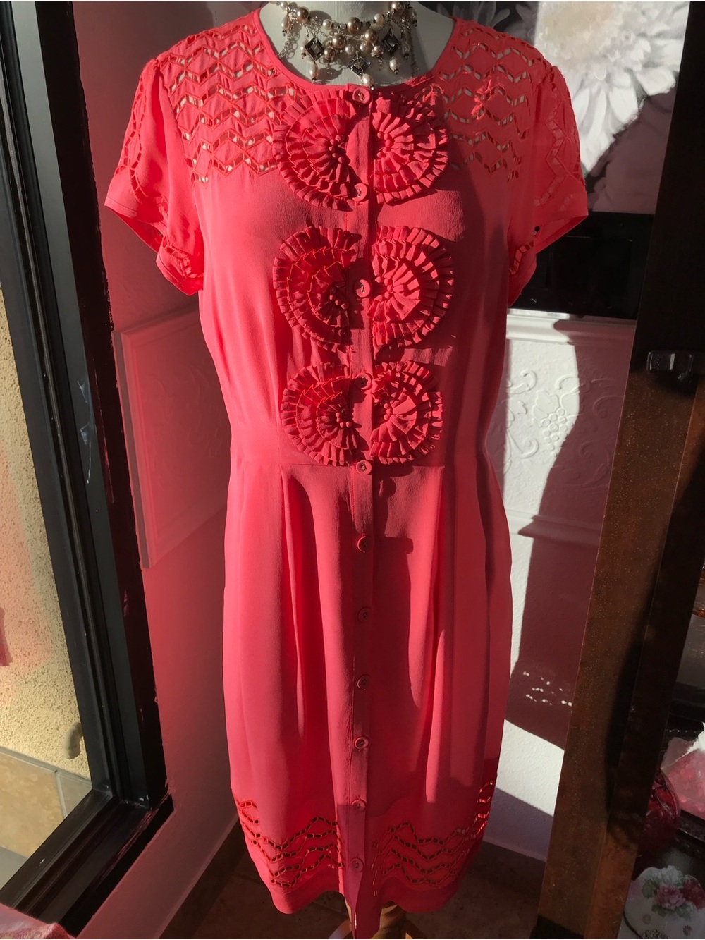 Nanette Lepore Dress vintage silk Orange Coral Button-Front w Rosette‎ Detail S